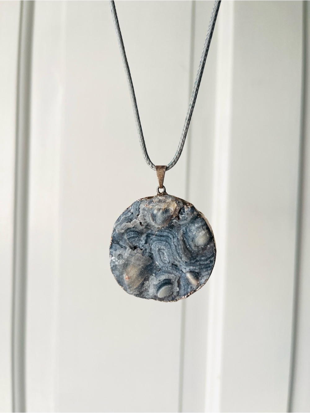Large Round Blue Grey Druzy Agate Slice Pendant Necklace